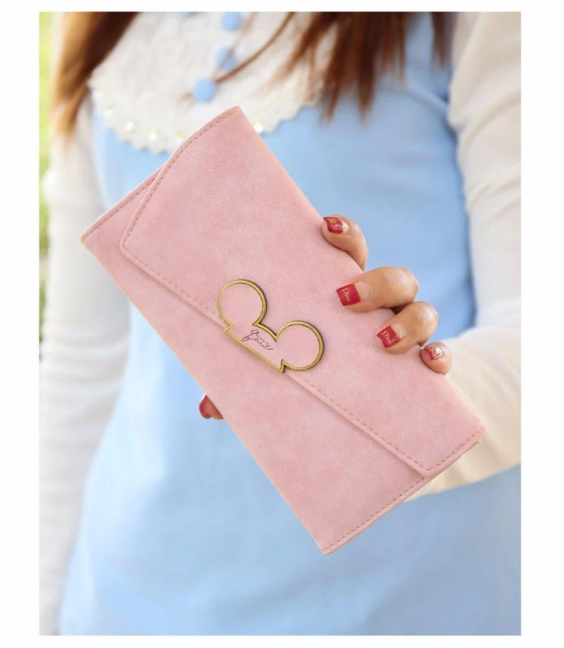 Damen-Geldbörsen aus Kunstleder mit langem Abschnitt und Haspe, Mickey-Kopf, schräger Deckel, dreifach gefaltete Clutch, Münzfach, Kartenhalter
