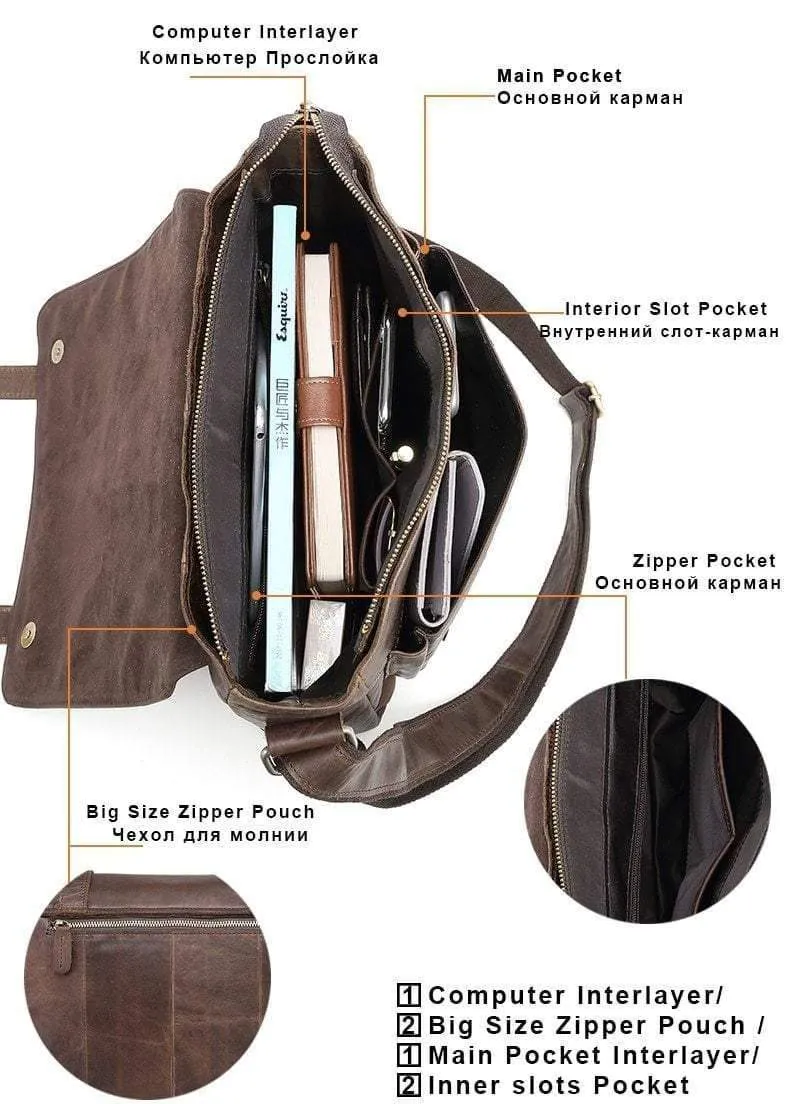Leder Herren Tasche Schulter Umhängetaschen Crazy Horse Laptop Männlichen Messenger Taschen Vintage Design Tasche für Männer