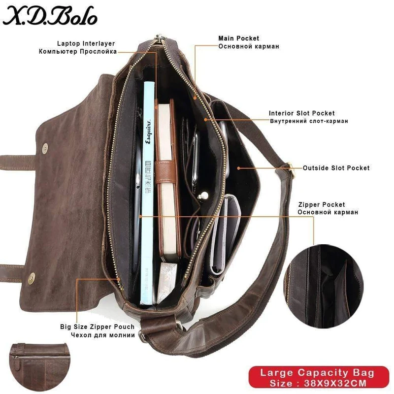 Leder Herren Tasche Schulter Umhängetaschen Crazy Horse Laptop Männlichen Messenger Taschen Vintage Design Tasche für Männer