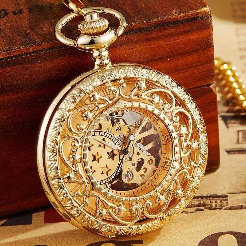 Mechanische taschenuhr mit fob kette gold sterne skelett steampunk vintage herren damen handaufzug taschenuhr