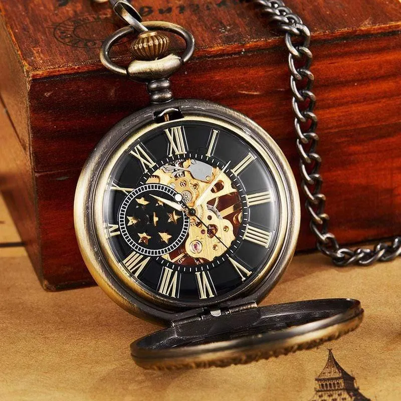 Mechanische taschenuhr mit fob kette gold sterne skelett steampunk vintage herren damen handaufzug taschenuhr