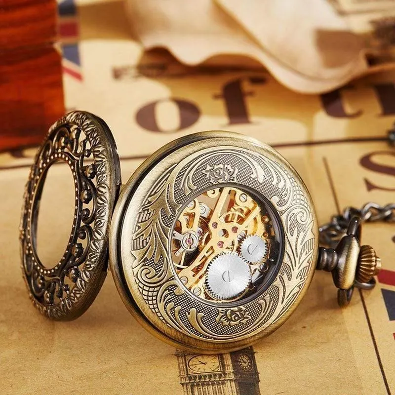 Mechanische taschenuhr mit fob kette gold sterne skelett steampunk vintage herren damen handaufzug taschenuhr