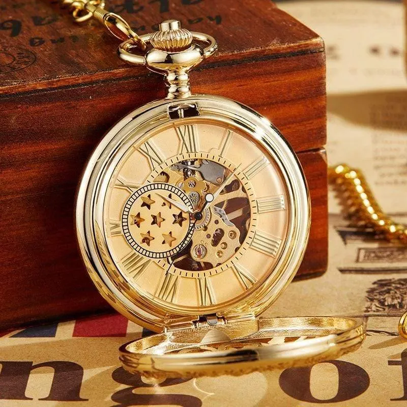 Mechanische taschenuhr mit fob kette gold sterne skelett steampunk vintage herren damen handaufzug taschenuhr