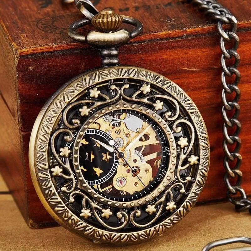 Mechanische taschenuhr mit fob kette gold sterne skelett steampunk vintage herren damen handaufzug taschenuhr