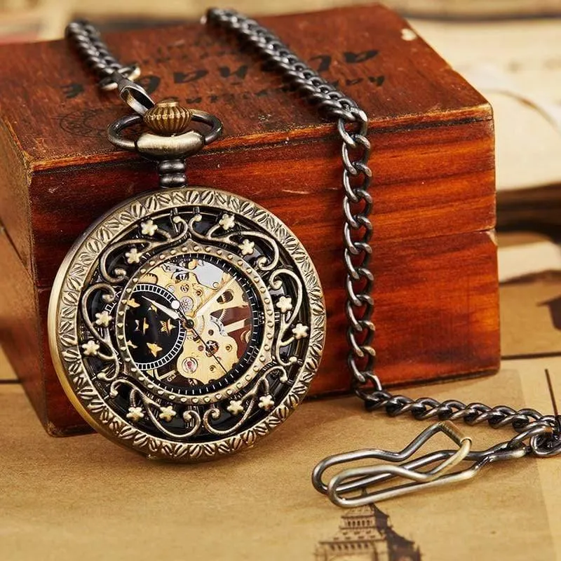 Mechanische taschenuhr mit fob kette gold sterne skelett steampunk vintage herren damen handaufzug taschenuhr