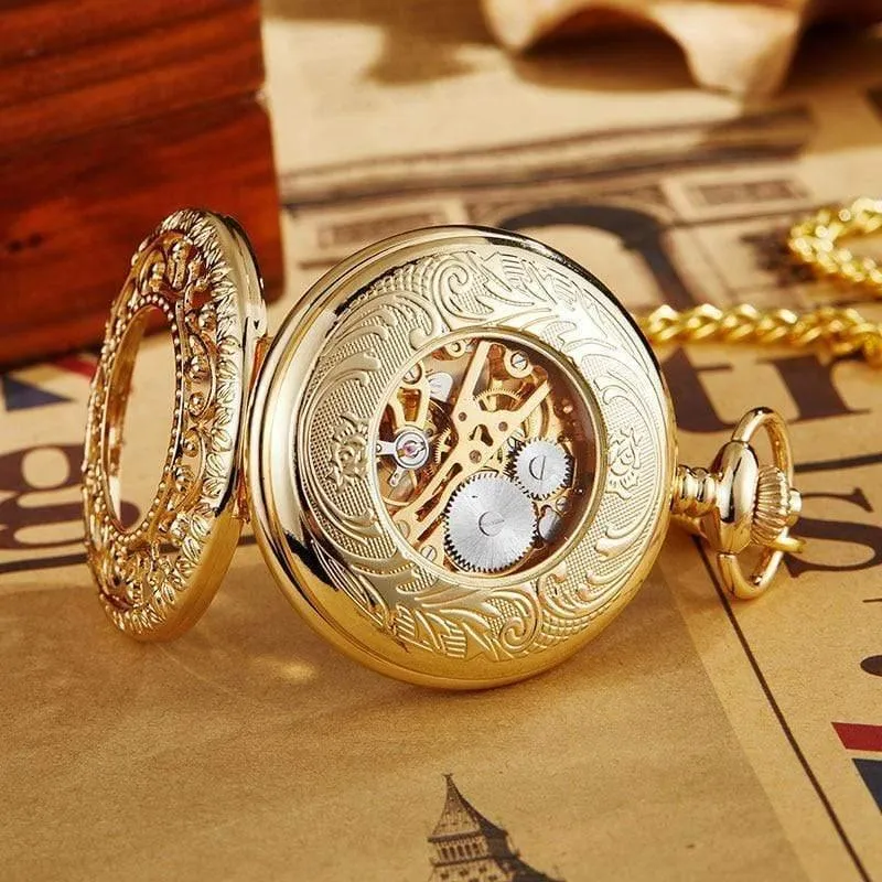 Mechanische taschenuhr mit fob kette gold sterne skelett steampunk vintage herren damen handaufzug taschenuhr