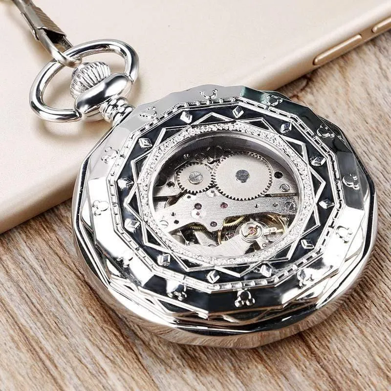 Luxus Unregelmäßige Silber Offenes Gesicht Mechancial Handwind Taschenuhr Mit Kette Männer Frauen Geschenk P2036C