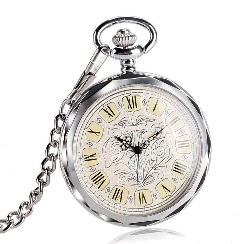 Luxus Unregelmäßige Silber Offenes Gesicht Mechancial Handwind Taschenuhr Mit Kette Männer Frauen Geschenk P2036C