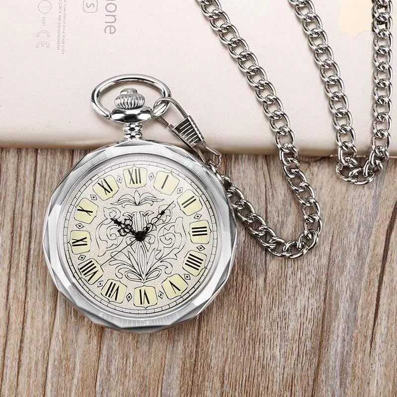 Luxus Unregelmäßige Silber Offenes Gesicht Mechancial Handwind Taschenuhr Mit Kette Männer Frauen Geschenk P2036C