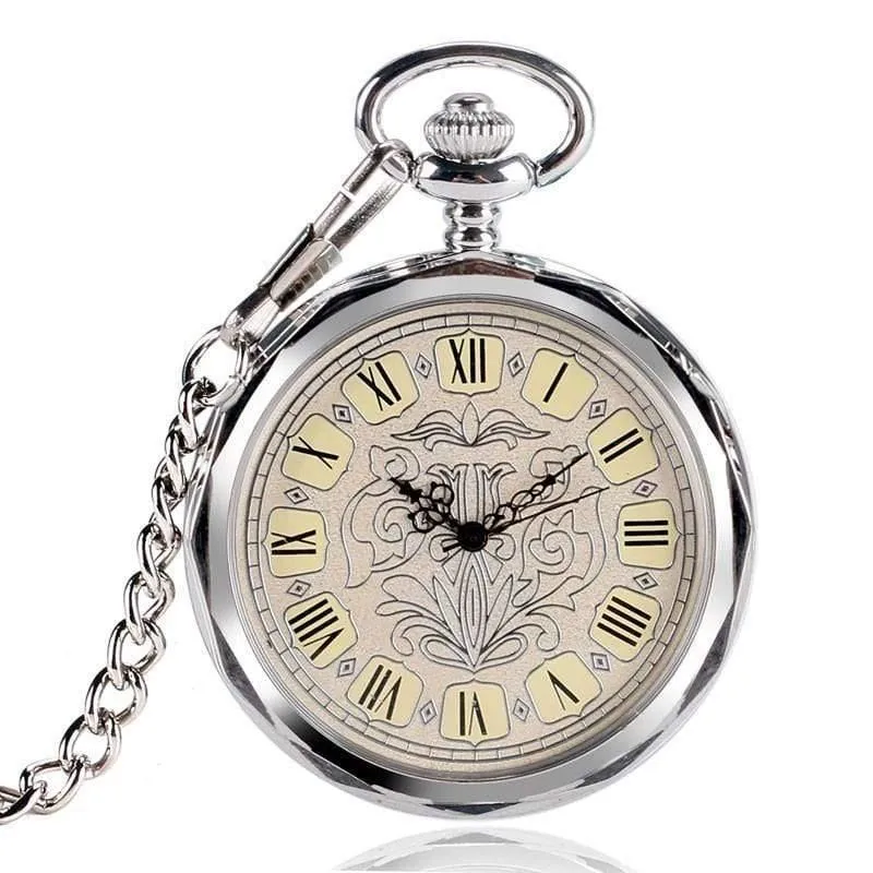 Luxus Unregelmäßige Silber Offenes Gesicht Mechancial Handwind Taschenuhr Mit Kette Männer Frauen Geschenk P2036C