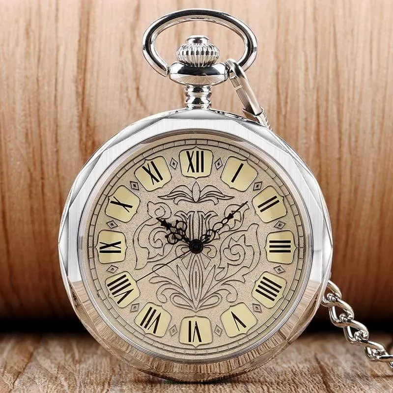 Luxus Unregelmäßige Silber Offenes Gesicht Mechancial Handwind Taschenuhr Mit Kette Männer Frauen Geschenk P2036C