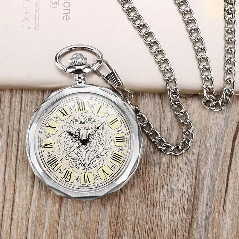 Luxus Unregelmäßige Silber Offenes Gesicht Mechancial Handwind Taschenuhr Mit Kette Männer Frauen Geschenk P2036C
