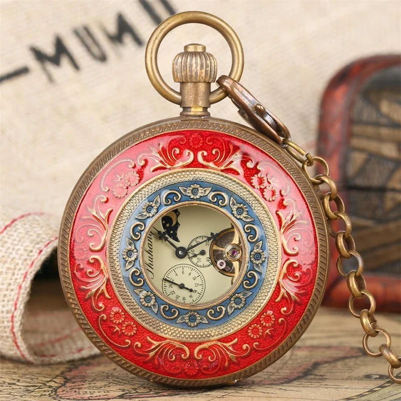 Carving Automatische Mechanische Taschenuhr Kette Double Open Face Tourbillon Selbst Wind Uhren Männer Neue Männliche Uhr Geschenke