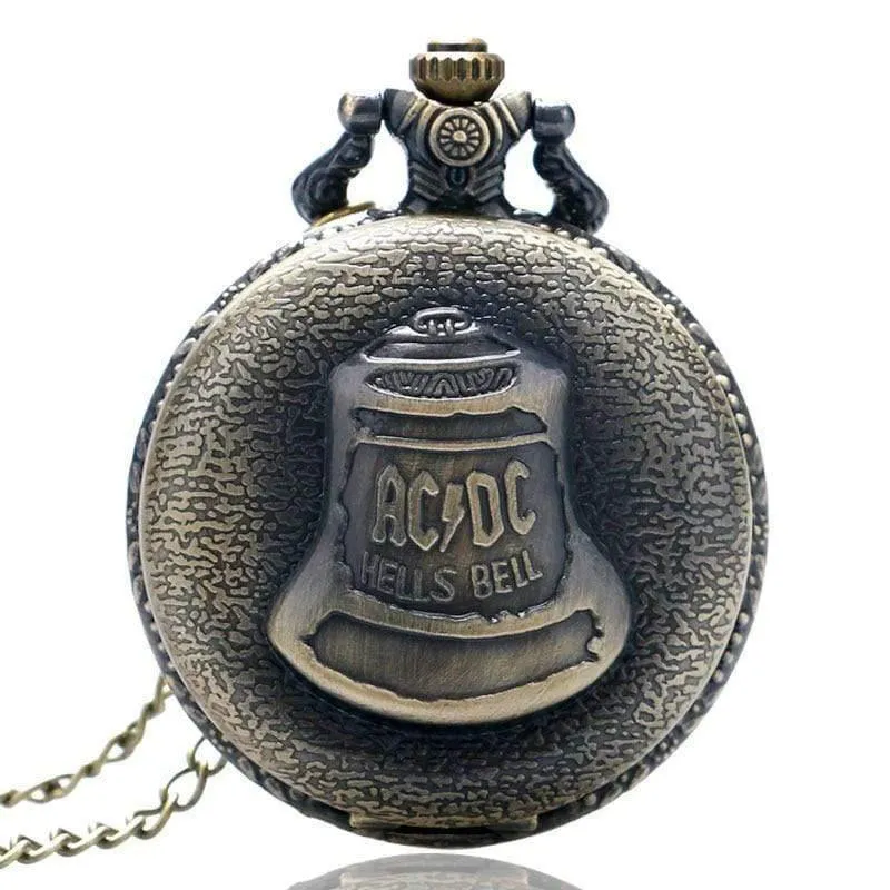 Bell ACDC Muster Quarz-Taschenuhr, Unisex, Edelstahlgehäuse, arabische Ziffern, weißes Zifferblatt, Halskette, Kette, Geschenke