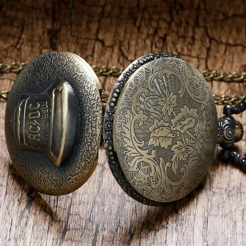 Bell ACDC Muster Quarz-Taschenuhr, Unisex, Edelstahlgehäuse, arabische Ziffern, weißes Zifferblatt, Halskette, Kette, Geschenke