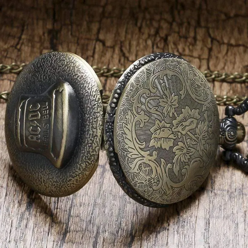 Bell ACDC Muster Quarz-Taschenuhr, Unisex, Edelstahlgehäuse, arabische Ziffern, weißes Zifferblatt, Halskette, Kette, Geschenke