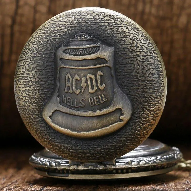 Bell ACDC Muster Quarz-Taschenuhr, Unisex, Edelstahlgehäuse, arabische Ziffern, weißes Zifferblatt, Halskette, Kette, Geschenke