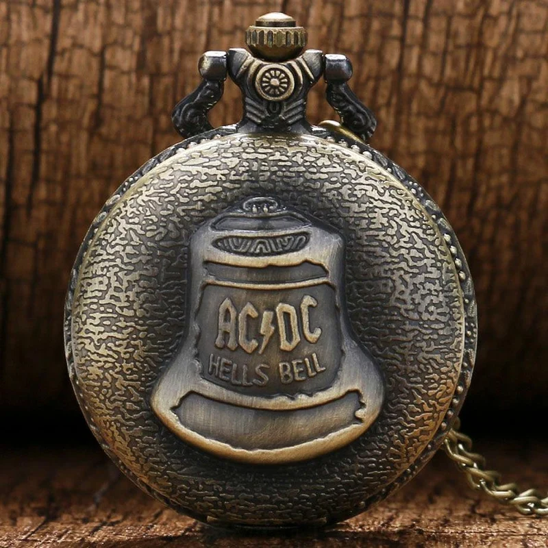 Bell ACDC Muster Quarz-Taschenuhr, Unisex, Edelstahlgehäuse, arabische Ziffern, weißes Zifferblatt, Halskette, Kette, Geschenke
