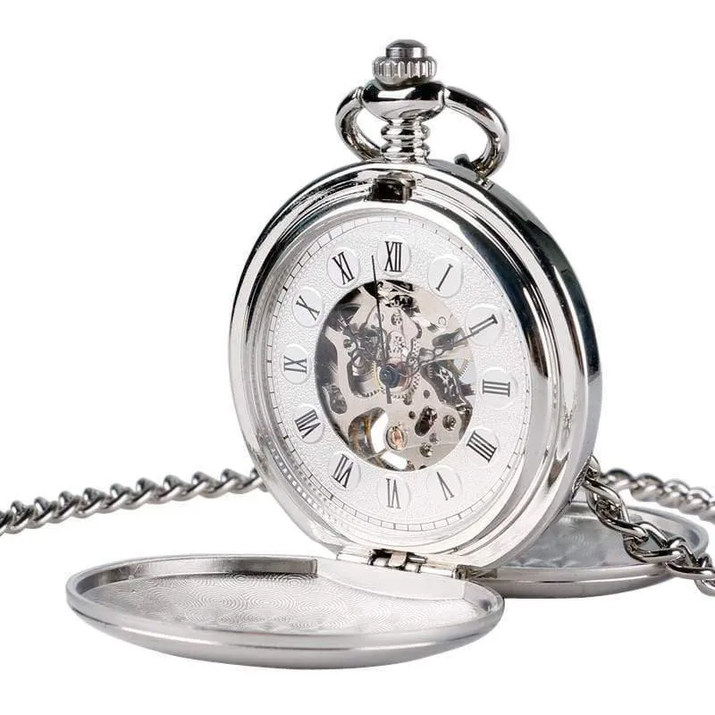 Taschenuhr für Damen, zum Aufziehen, mechanisch, Handaufzug, glatt, silberfarbener Anhänger, weißes Zifferblatt, schlicht, stilvoll, FOB