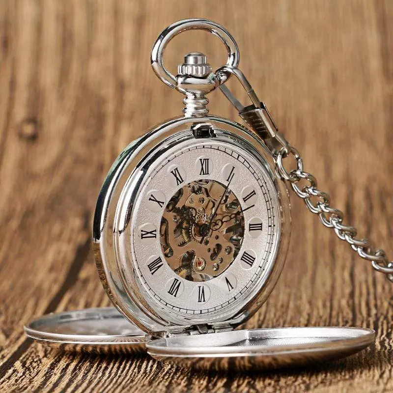 Taschenuhr für Damen, zum Aufziehen, mechanisch, Handaufzug, glatt, silberfarbener Anhänger, weißes Zifferblatt, schlicht, stilvoll, FOB