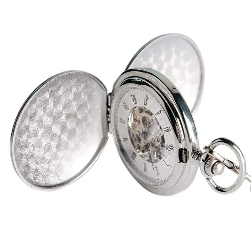 Taschenuhr für Damen, zum Aufziehen, mechanisch, Handaufzug, glatt, silberfarbener Anhänger, weißes Zifferblatt, schlicht, stilvoll, FOB