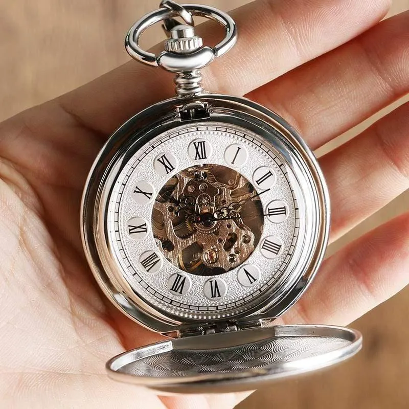 Taschenuhr für Damen, zum Aufziehen, mechanisch, Handaufzug, glatt, silberfarbener Anhänger, weißes Zifferblatt, schlicht, stilvoll, FOB