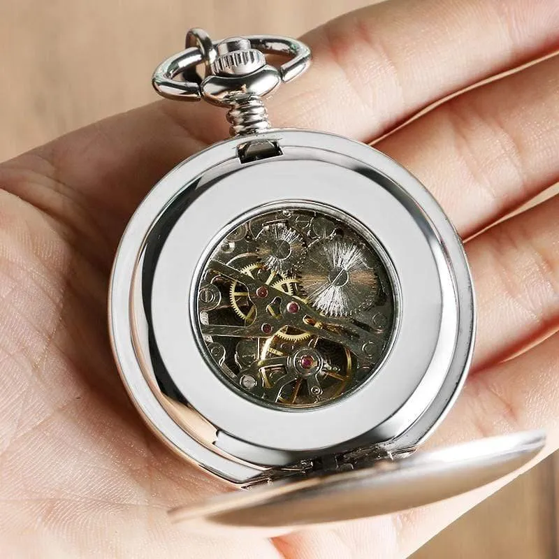 Taschenuhr für Damen, zum Aufziehen, mechanisch, Handaufzug, glatt, silberfarbener Anhänger, weißes Zifferblatt, schlicht, stilvoll, FOB