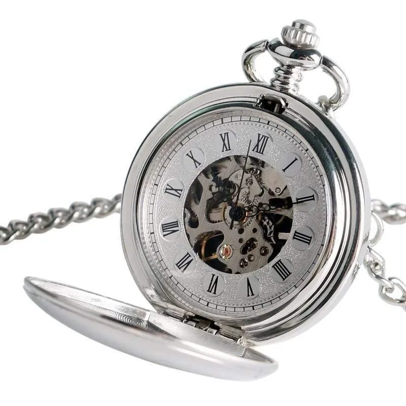 Taschenuhr für Damen, zum Aufziehen, mechanisch, Handaufzug, glatt, silberfarbener Anhänger, weißes Zifferblatt, schlicht, stilvoll, FOB