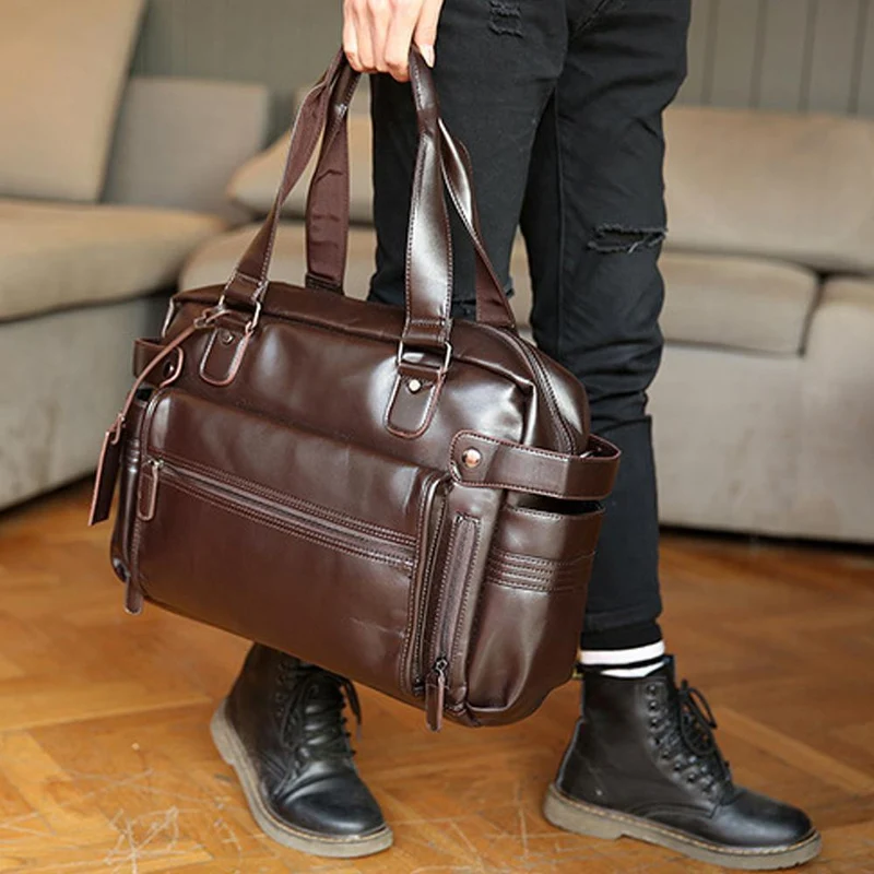 Mode herren leder reisetasche vintage duffle handtaschen große männer business gepäck tasche mit schulter gurt sac voyages
