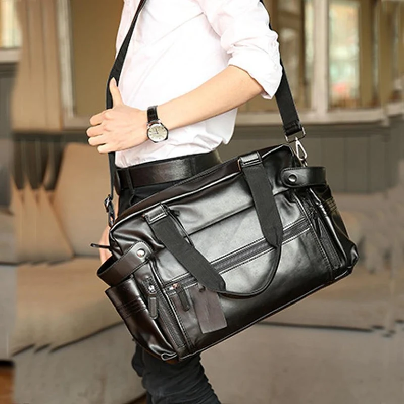 Mode herren leder reisetasche vintage duffle handtaschen große männer business gepäck tasche mit schulter gurt sac voyages