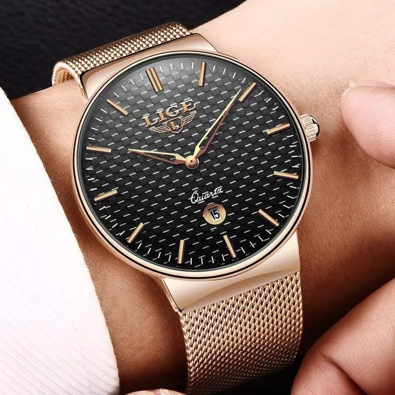 Herren Uhren Top Luxus marke Alle stahl Schlank quarz schwarz Uhr Männer Militär sport wasserdichte uhr Relogio masculino