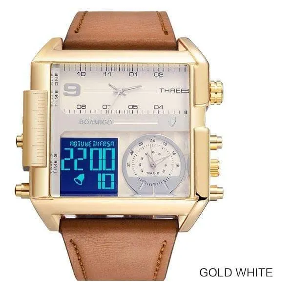Männer sport uhren 3 zeit zone große mann mode uhr leder quarz armbanduhren relogio masculino montre homme