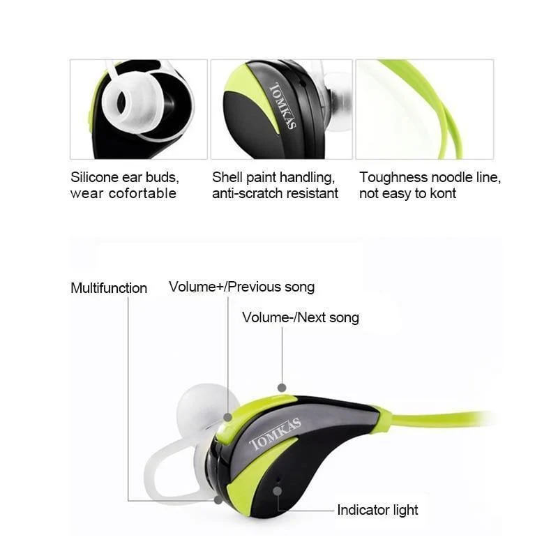 TOMKAS Bluetooth 4.0 Sport-Kopfhörer, kabelloses Headset mit Stereo-Mikrofon, Musik, Freisprecheinrichtung, In-Ear-Bluetooth-Kopfhörer für iPhone 6 7 Telefon