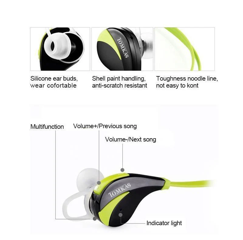 TOMKAS Bluetooth 4.0 Sport-Kopfhörer, kabelloses Headset mit Stereo-Mikrofon, Musik, Freisprecheinrichtung, In-Ear-Bluetooth-Kopfhörer für iPhone 6 7 Telefon