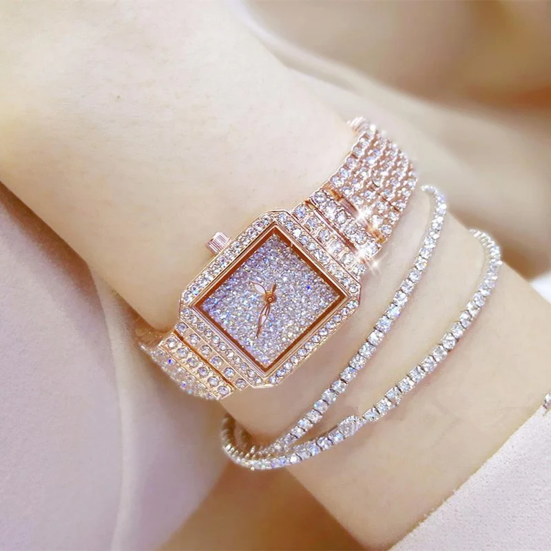 Damenuhr Strass Uhren Lady Diamant Stein Kleid Uhr Edelstahl Armband Armbanduhr Damen Kristall Uhr