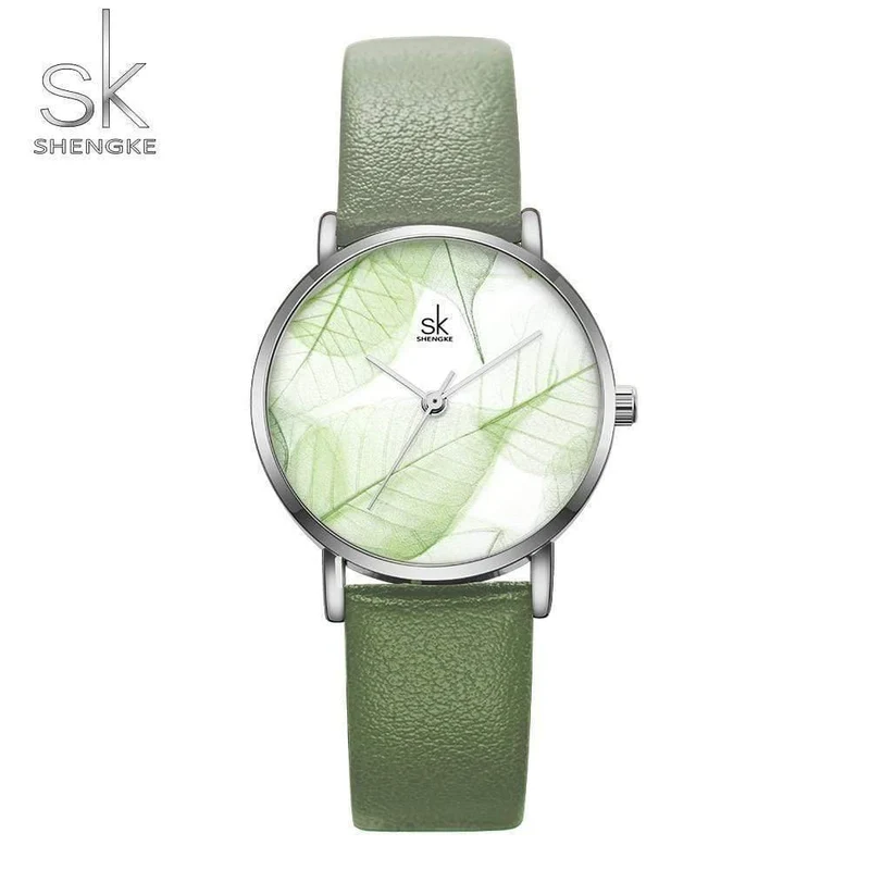 Damenuhr Grünes Zifferblatt Schlankes Lederband Quarz Armbanduhren Einfaches Design Ultradünnes Gehäuse Zegarek Damski