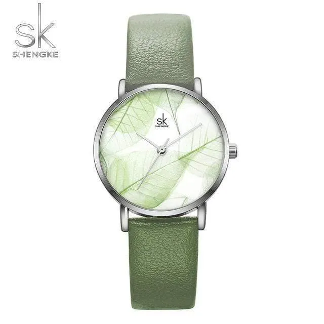 Damenuhr Grünes Zifferblatt Schlankes Lederband Quarz Armbanduhren Einfaches Design Ultradünnes Gehäuse Zegarek Damski