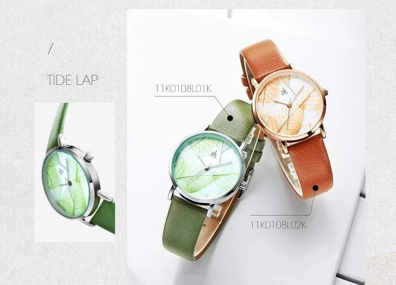 Damenuhr Grünes Zifferblatt Schlankes Lederband Quarz Armbanduhren Einfaches Design Ultradünnes Gehäuse Zegarek Damski