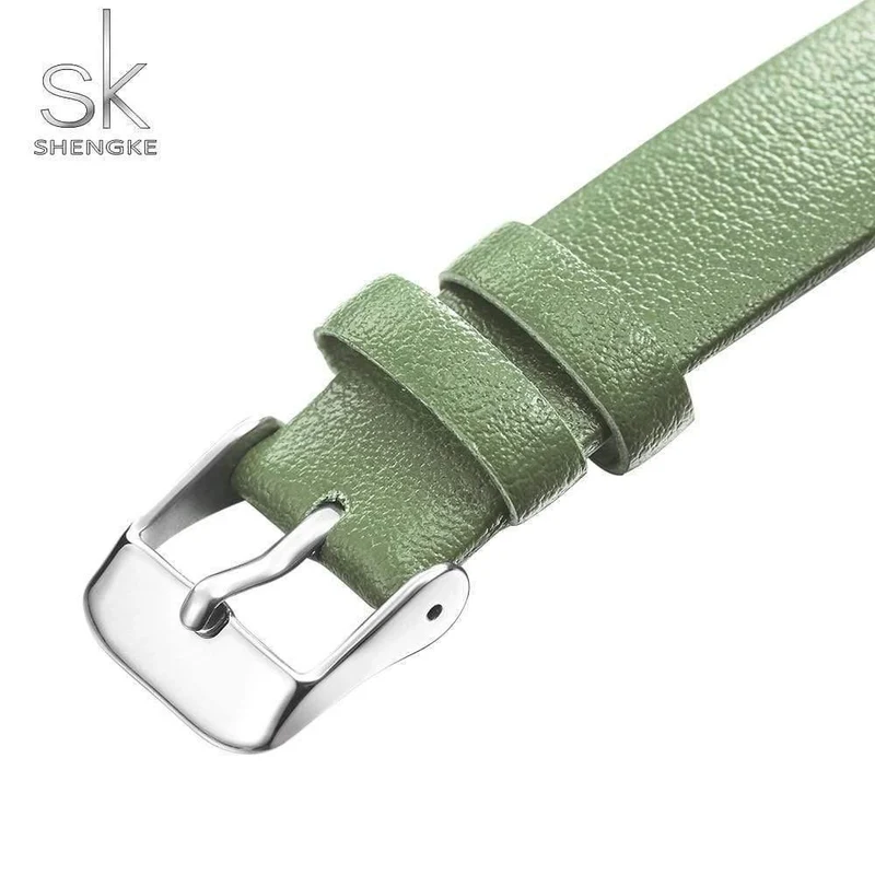 Damenuhr Grünes Zifferblatt Schlankes Lederband Quarz Armbanduhren Einfaches Design Ultradünnes Gehäuse Zegarek Damski