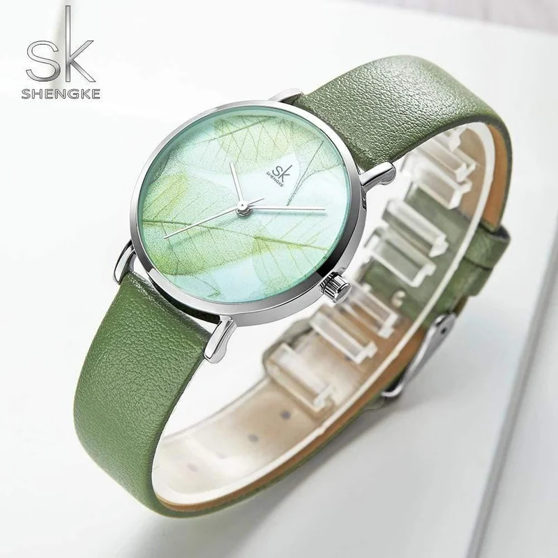 Damenuhr Grünes Zifferblatt Schlankes Lederband Quarz Armbanduhren Einfaches Design Ultradünnes Gehäuse Zegarek Damski