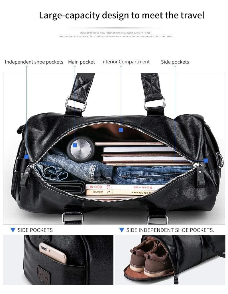 Herren schwarze Handtasche Reisetasche wasserdichtes Leder große Kapazität Travel Duffle Multifunktions Tote lässig Umhängetaschen