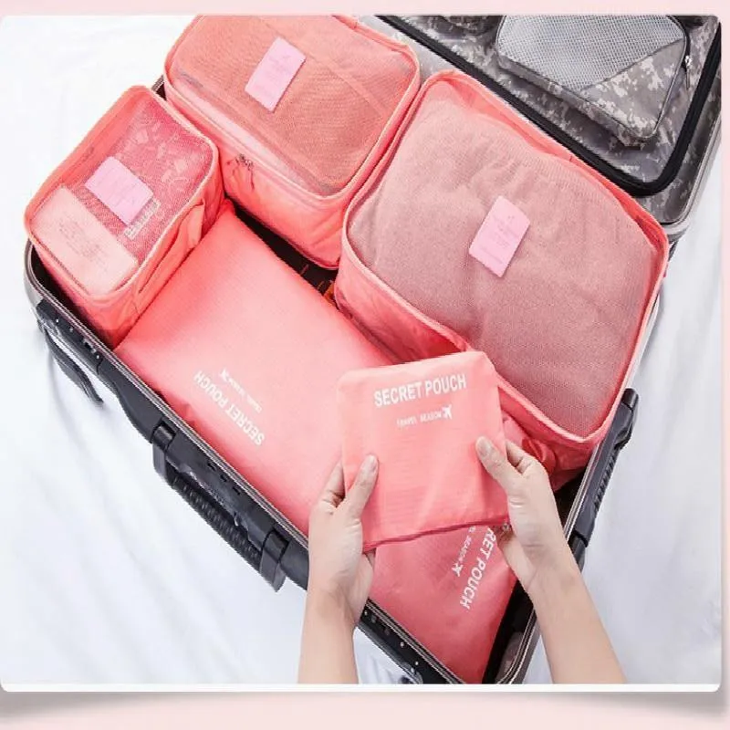 6pcs / set Mode Doppelreißverschluss Wasserdichte Polyester Verpackungswürfel Männer Und Frauen Gepäck Reisetaschen Seesack