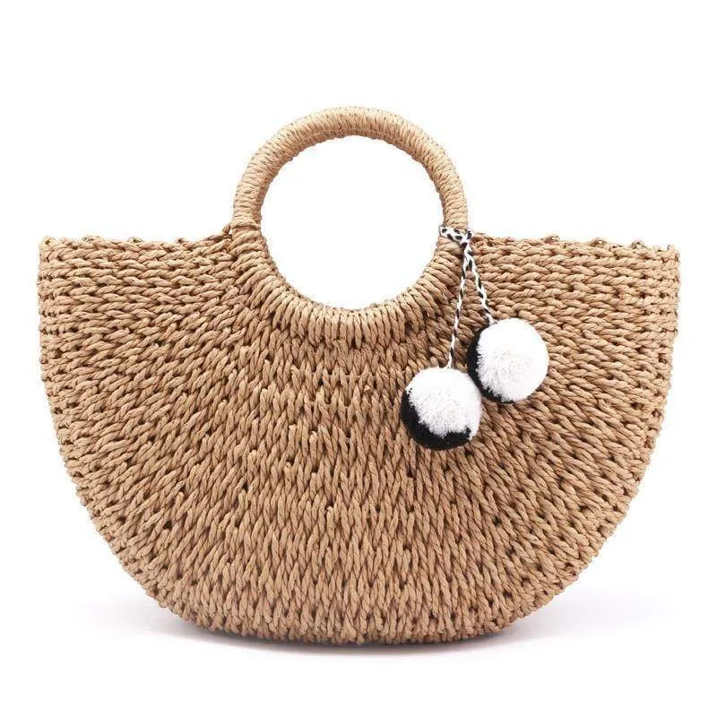 Sommer handgefertigte Taschen Frauen Pompon Strand Weben Damen Stroh Tasche gewickelt Strandtasche mondförmige Tasche