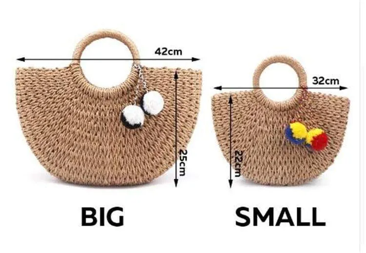 Sommer handgefertigte Taschen Frauen Pompon Strand Weben Damen Stroh Tasche gewickelt Strandtasche mondförmige Tasche