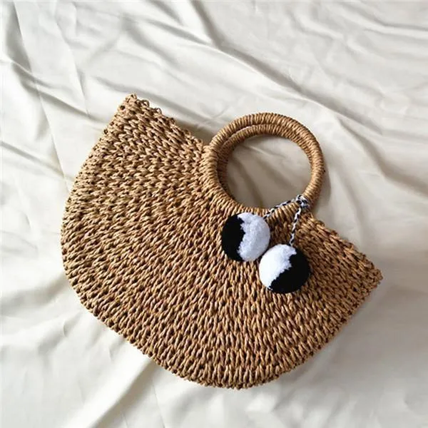 Sommer handgefertigte Taschen Frauen Pompon Strand Weben Damen Stroh Tasche gewickelt Strandtasche mondförmige Tasche