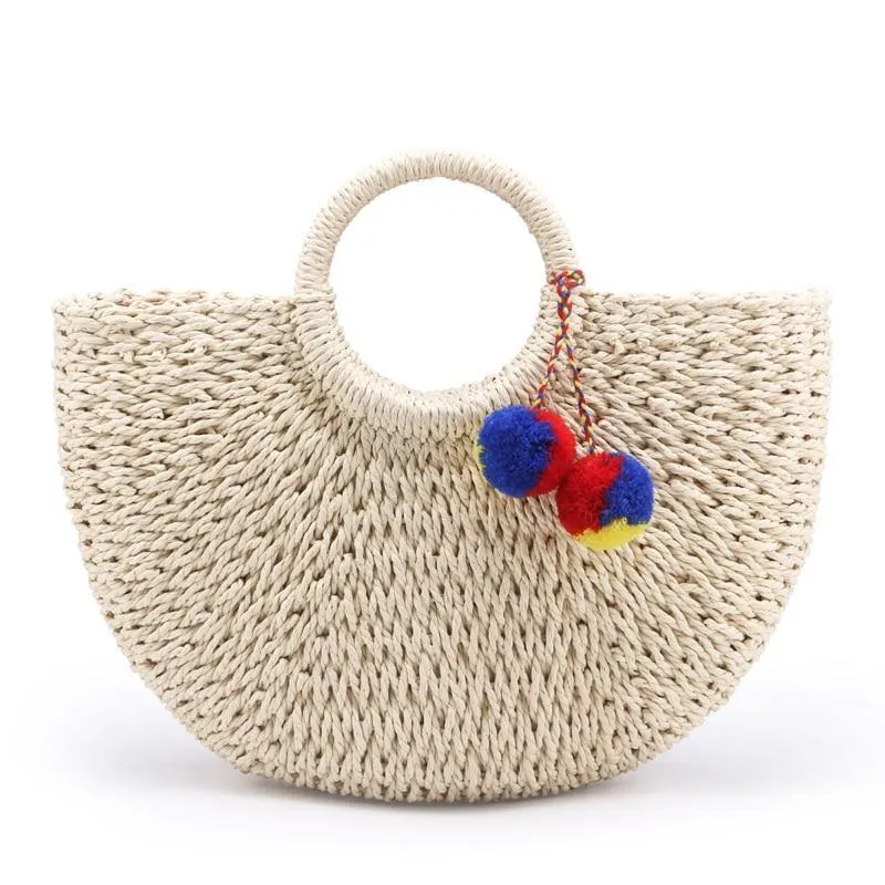 Sommer handgefertigte Taschen Frauen Pompon Strand Weben Damen Stroh Tasche gewickelt Strandtasche mondförmige Tasche