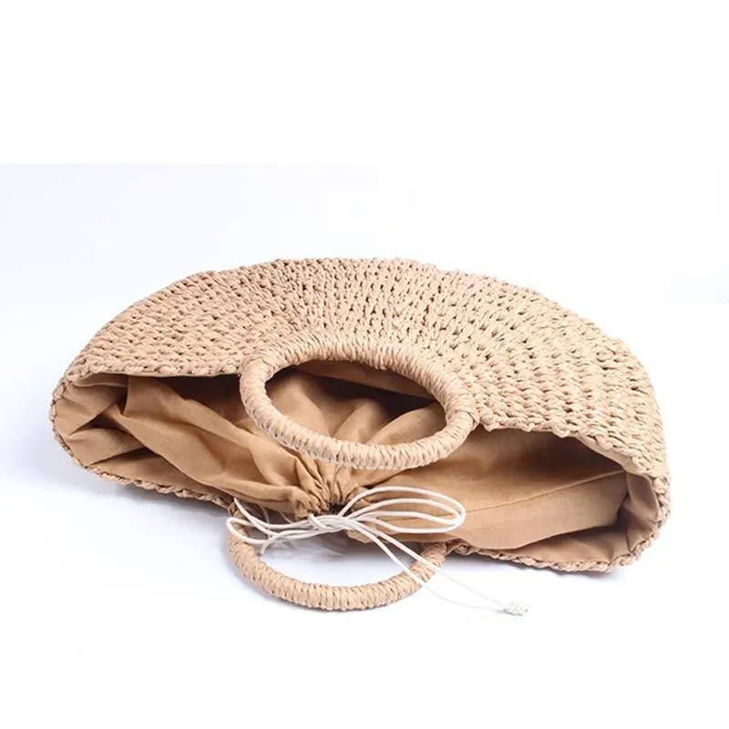 Sommer handgefertigte Taschen Frauen Pompon Strand Weben Damen Stroh Tasche gewickelt Strandtasche mondförmige Tasche