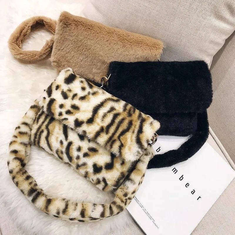 Frauen Winter Faux Pelz Schulter Tasche Mode Handtasche dame Leopard print Handtaschen Weibliche Party Kleine Mädchen Einkaufstasche Weihnachten Geschenk