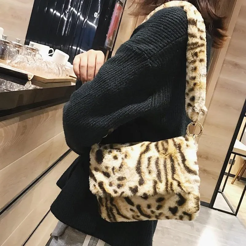 Frauen Winter Faux Pelz Schulter Tasche Mode Handtasche dame Leopard print Handtaschen Weibliche Party Kleine Mädchen Einkaufstasche Weihnachten Geschenk