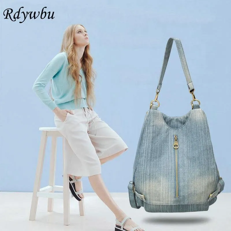 Frauen Vintage Washed Denim Jean Rucksack Mädchen Mode Multifunktionale Reise Umhängetasche Große Campus Mochila Bolsa B187